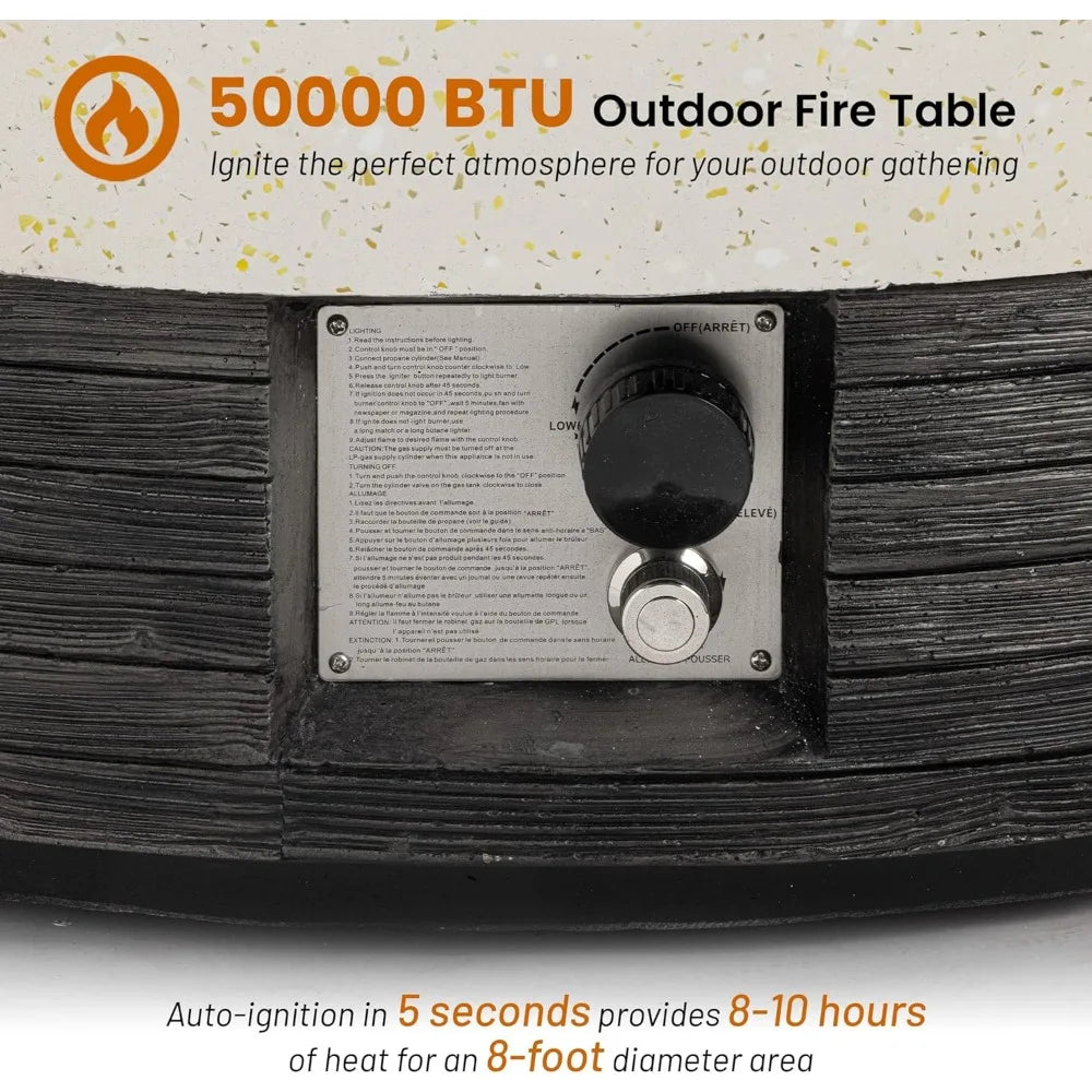 41" Round Propane Fire Pit Table, Black & White Magnesium Oxide Design, 50000 BTU, Heat, CSA Certified, Includes Lava Rocks