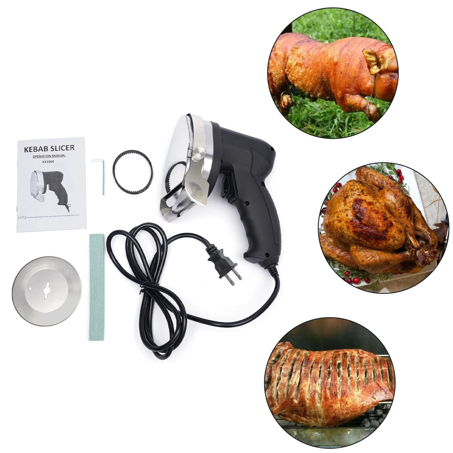 80W Electric Kebab Slicer – Portable Handheld BBQ Meat Cutter with Adjustable Thickness and Blade Sharpener