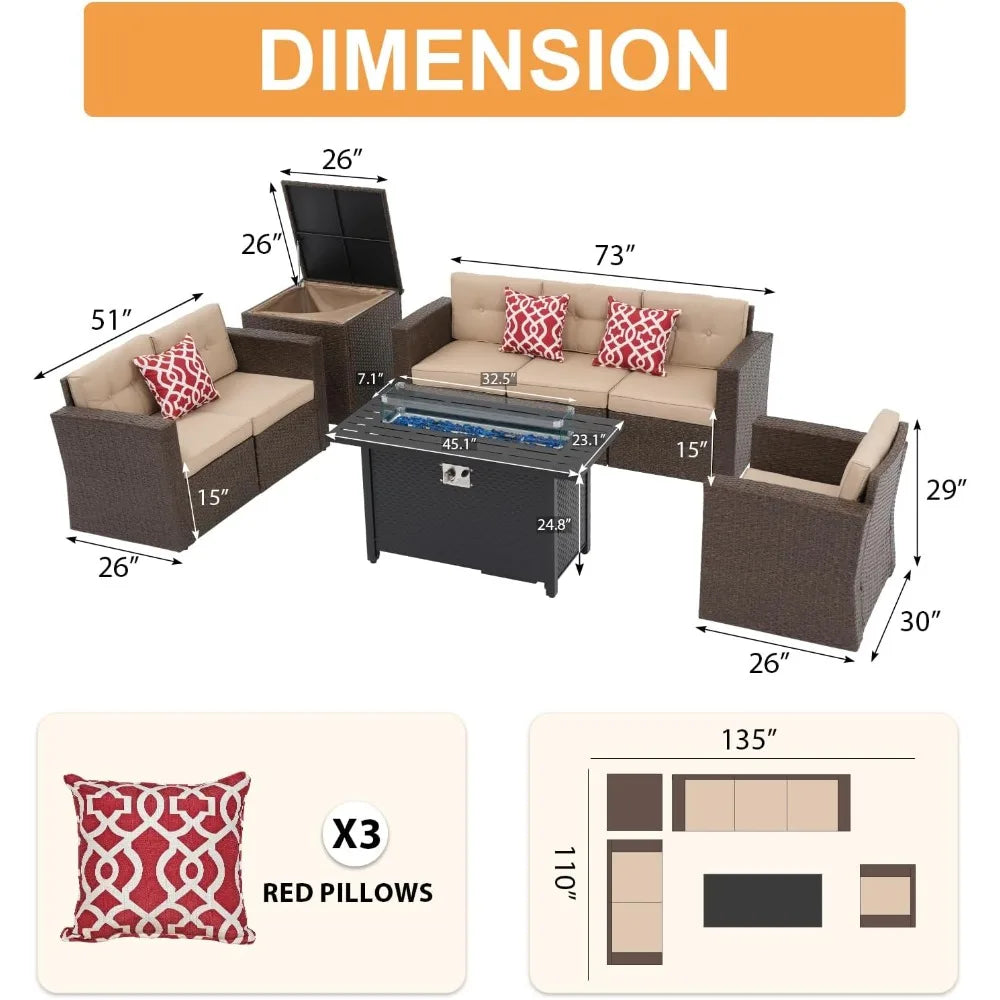 8-Piece Outdoor Patio Furniture Set, Rattan Conversation Set with 50,000 BTU Gas Fire Pit, Wicker Sectional Sofa