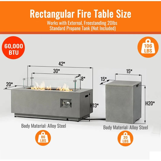 Outdoor Fire Pit Table Propane Gas Fire pits Outdoor Fireplaces 42'' Rectangular Firepit Table, 2 Pieces in 1, 50,000 BTU