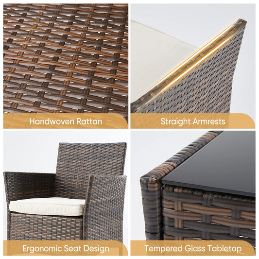 JHK 3 Pieces Outdoor Patio Furniture Set Manual Weaving Wicker Rattan Patio Chairs with Soft Cushion and Glass Table For Garden