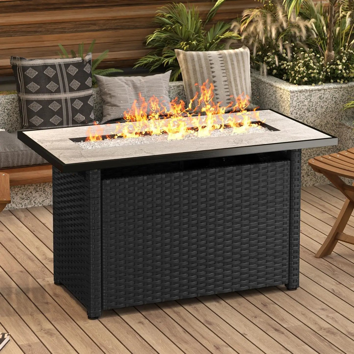 45" Gas Fire Pit Table, Propane Fire Pit with Glass Rocks, Waterproof Cover and Pe Rattan, Outdoor Patio Fire Pits for Backyard
