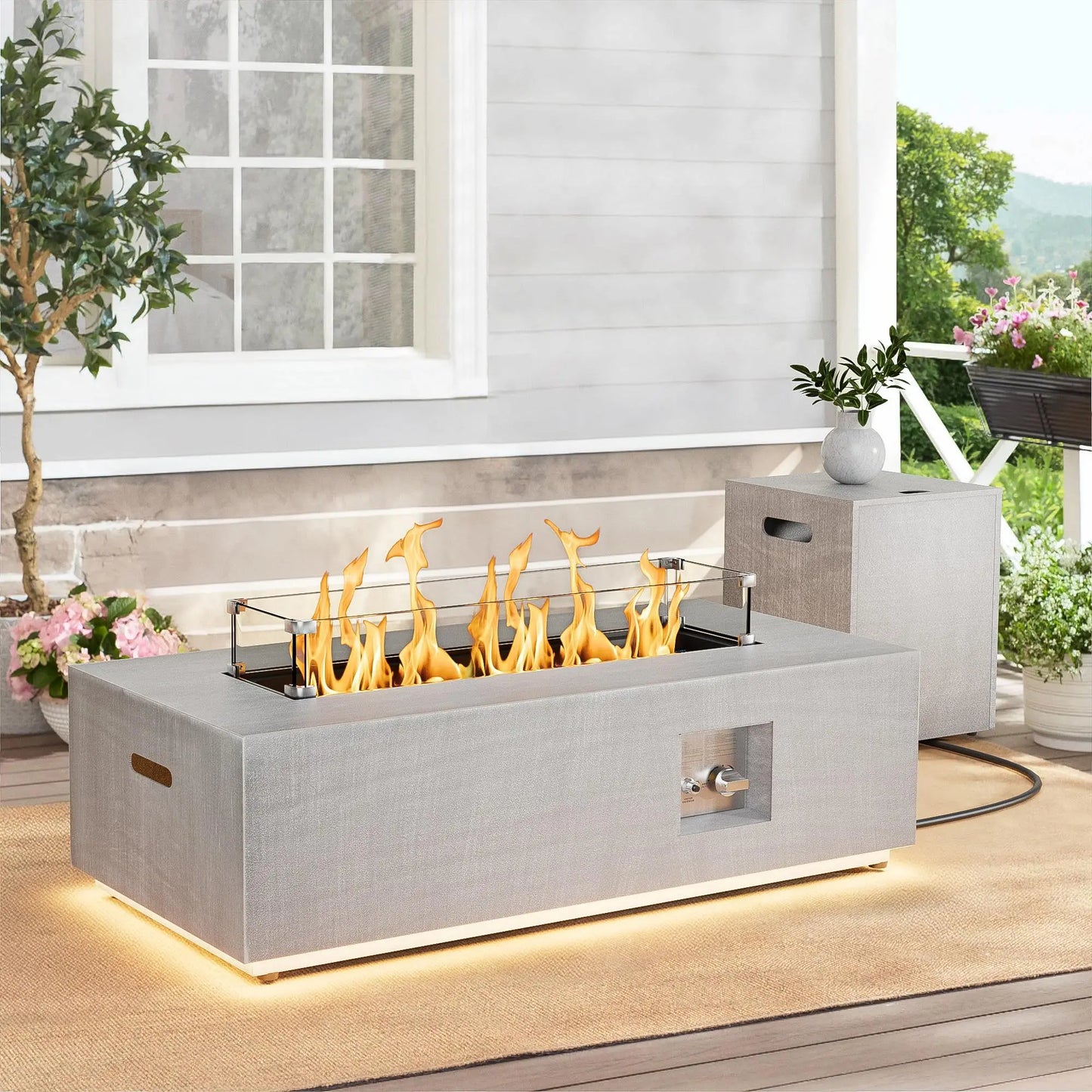 2-Piece Outdoor Propane Fire Pit Table Set w/ Tank, Table 42'' Rectangular Firepit, Gas Fire Pits for Outside Patio Table Fire Pit