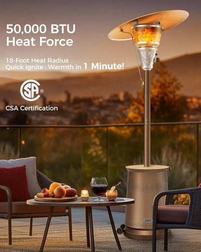 50,000 BTU Outdoor Propane Patio Heater with Adjustable Heat Focus, Wheels & Tabletop - Stainless Steel Burner for Deck, Garden