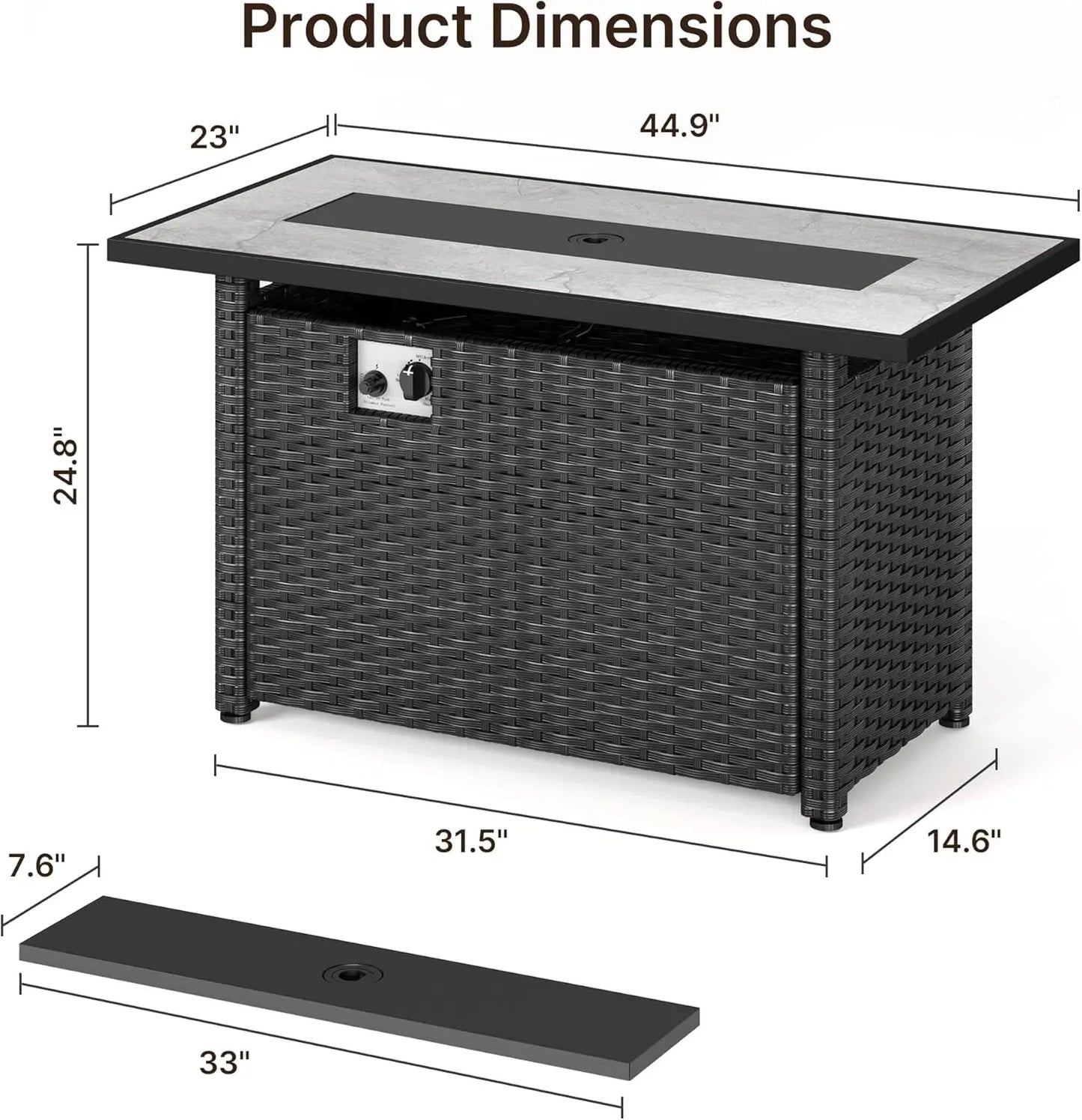 45" Gas Fire Pit Table, Propane Fire Pit with Glass Rocks, Waterproof Cover and Pe Rattan, Outdoor Patio Fire Pits for Backyard