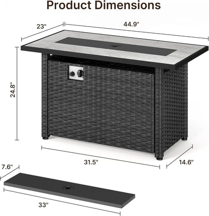 45" Gas Fire Pit Table, Propane Fire Pit with Glass Rocks, Waterproof Cover and Pe Rattan, Outdoor Patio Fire Pits for Backyard