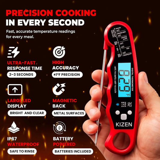 Instant Read Meat Thermometer Digital - Fast 3s Cooking Thermometer for Grill, Oven, BBQ with Large Backlit Display and Magnetic