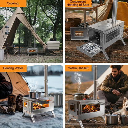 Portable Wood Burning Stove – Stainless Steel Outdoor Cooking Heater with 7 Chimney Pipes