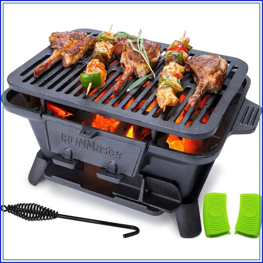 Portable Charcoal Grill, Pre-Seasoned Cast Iron, Japanese Yakitori Camping Grill - 2 Heights, Air Control