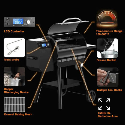Wood Pellet Smoker Grill with 456 Sq. In. Cooking Area, Auto Feed, 8-in-1 BBQ, Meat Probe & Side Table