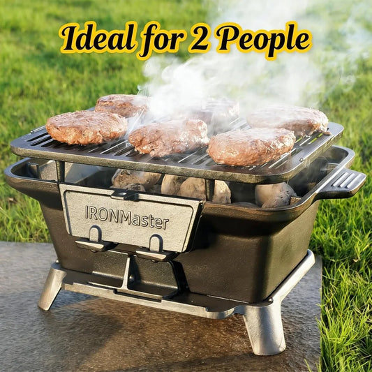 Portable Charcoal Grill, Pre-Seasoned Cast Iron, Japanese Yakitori Camping Grill - 2 Heights, Air Control