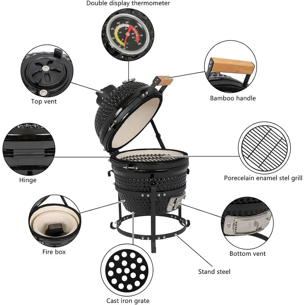 13" Portable Ceramic Charcoal Grill & Smoker