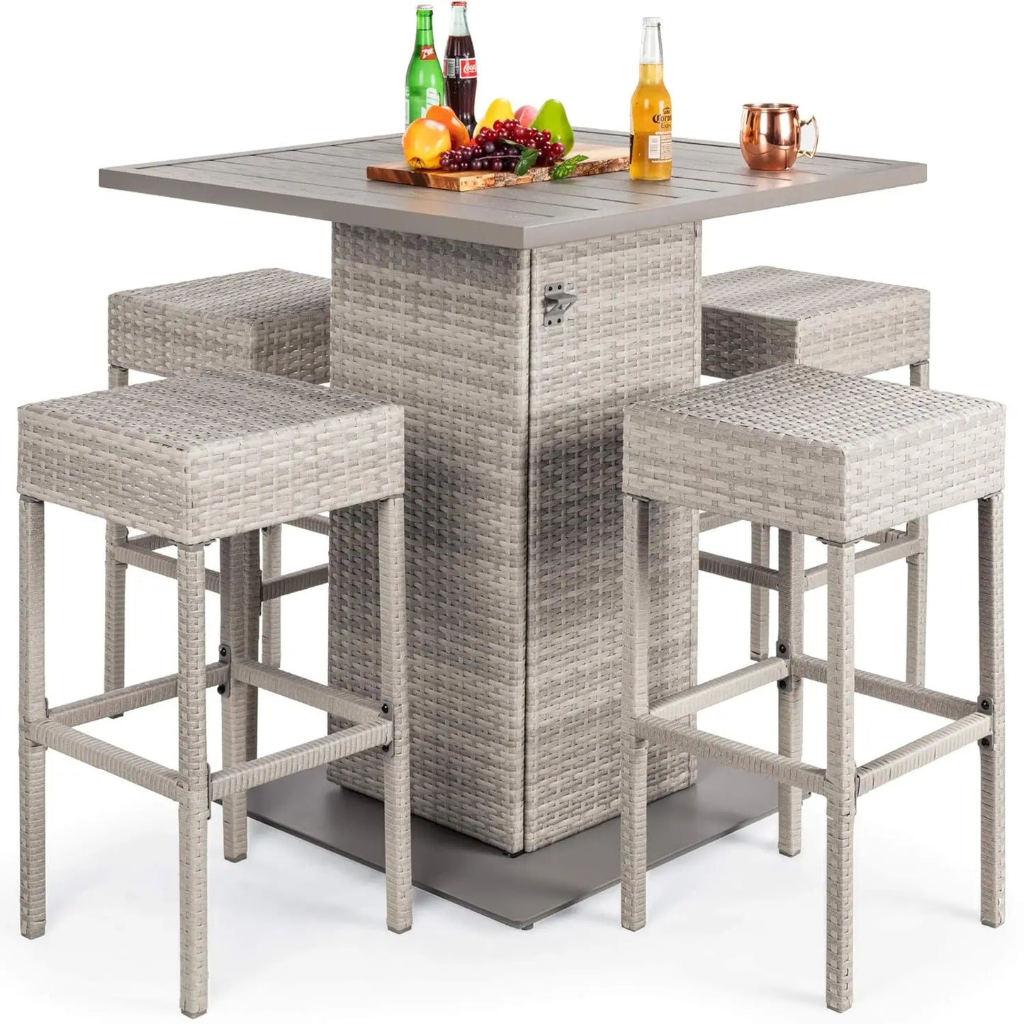5-Piece Outdoor Rattan Bar Table & Chair Set – Built-In Bottle Opener & Hidden Storage Rack