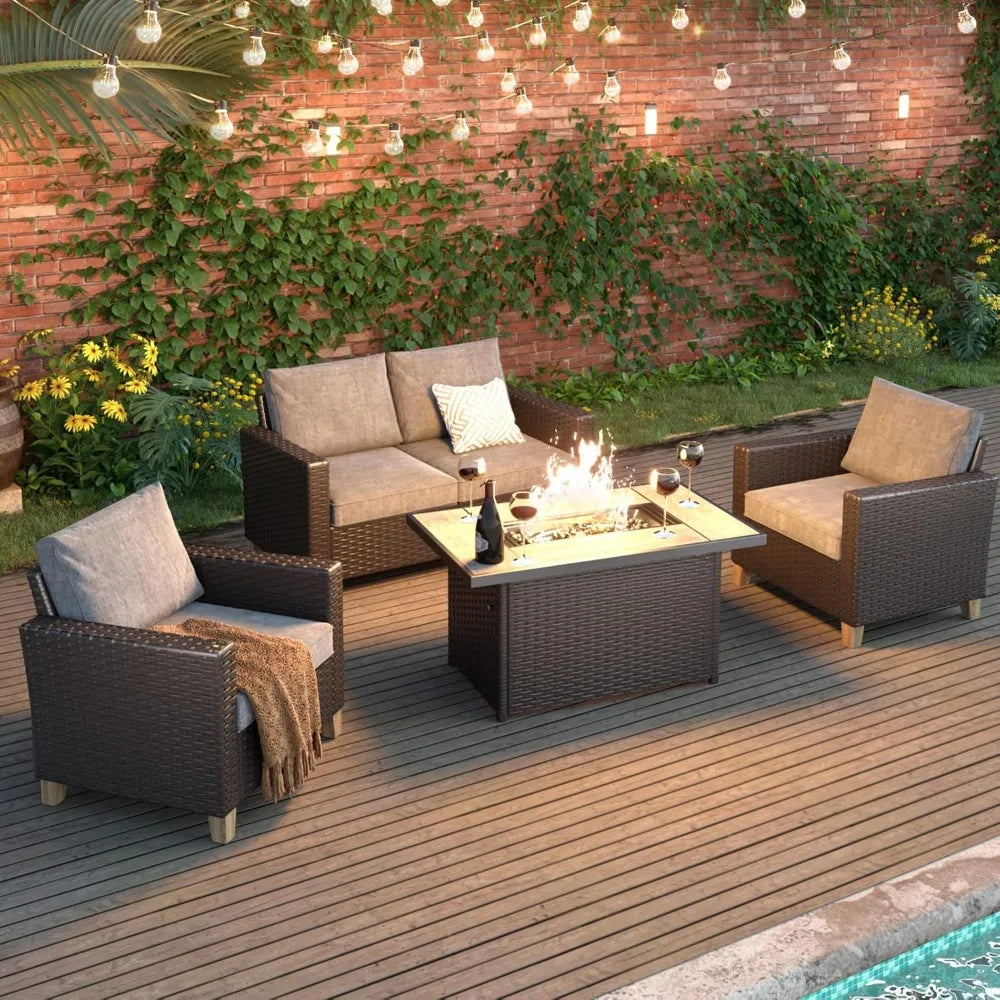 43" Outdoor Propane Fire Pit Table – 50,000 BTU Rectangular Wicker Design with Lid & Cover.
