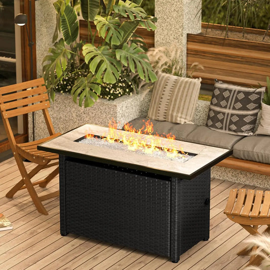 45" Gas Fire Pit Table, Propane Fire Pit with Glass Rocks, Waterproof Cover and Pe Rattan, Outdoor Patio Fire Pits for Backyard
