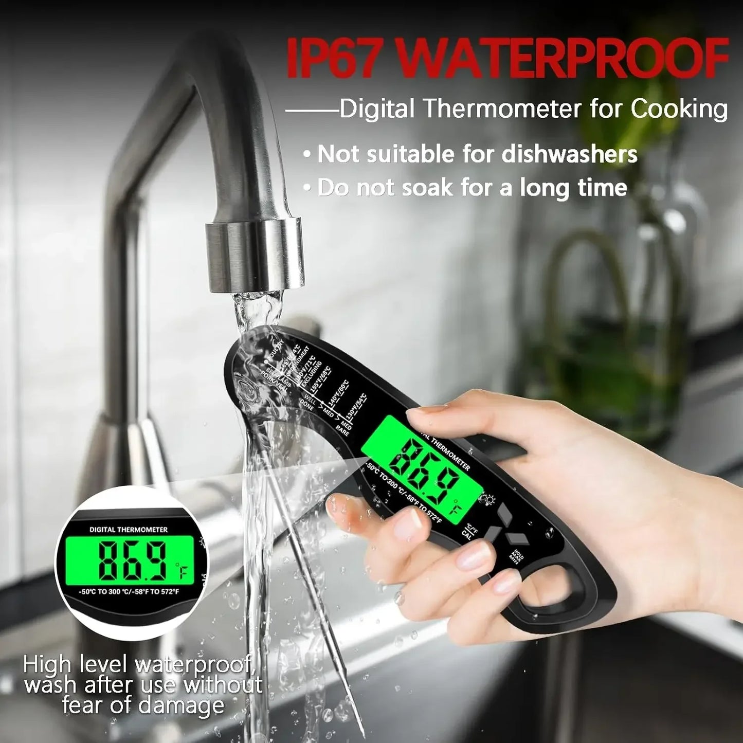 Meat Thermometer Digital，IP67 Waterproof Cooking Thermometer with Backlight, Calibration & Hold Function，Food Thermometer for Co