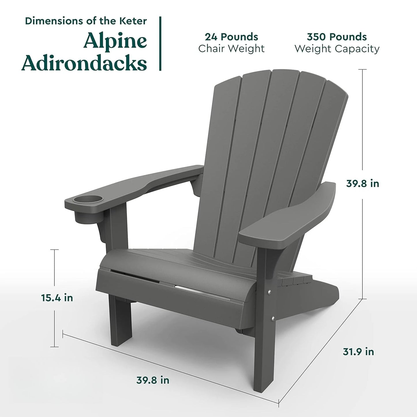 Alpine Adirondack Resin Patio Chairs, 2-Pack, Outdoor Furniture with Cup Holder, Ideal for Beach, Pool & Fire Pit