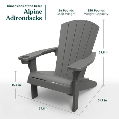 Alpine Adirondack Resin Patio Chairs, 2-Pack, Outdoor Furniture with Cup Holder, Ideal for Beach, Pool & Fire Pit