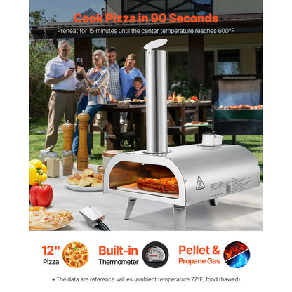 SucceBuy 12In Dual Fuel Pizza Oven Outdoor Wood Fire &Propane Gas Oven Propane Pizza-Maker with Thermometer for Outside Camping