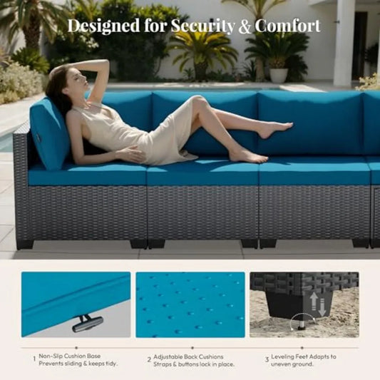 Patio Furniture Set 7 Piece - All-Weather Wicker Rattan Outdoor Conversation Set in Black/Peacock Blue for Backyard Garden Pool