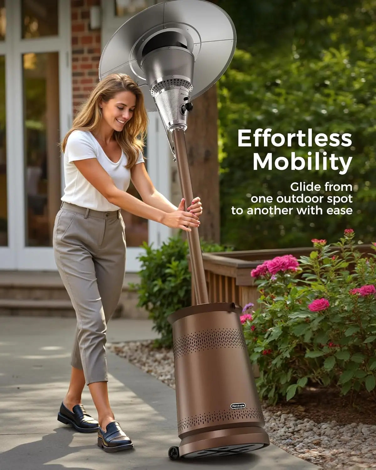 50,000 BTU Outdoor Propane Patio Heater with Adjustable Heat Focus, Wheels & Tabletop - Stainless Steel Burner for Deck, Garden