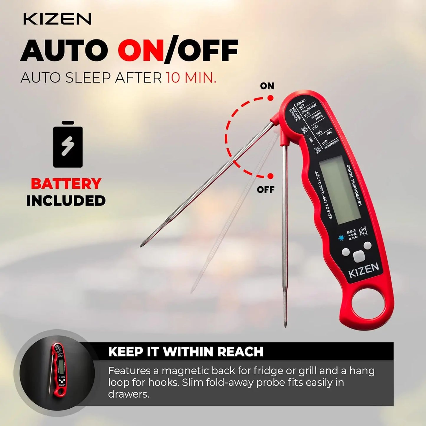 Instant Read Meat Thermometer Digital - Fast 3s Cooking Thermometer for Grill, Oven, BBQ with Large Backlit Display and Magnetic