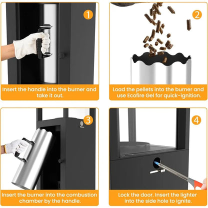Wood Pellets Patio Heater with Wheels and Ash Box, Safe and Adjustable Outdoor Heaters for Patio. Outdoor Fire Pit
