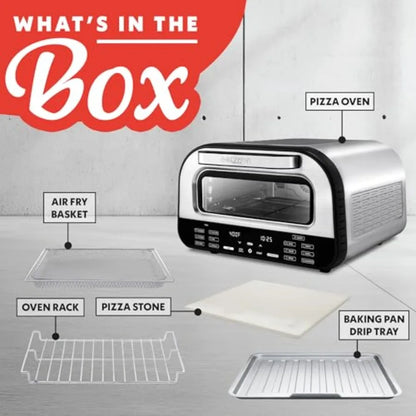 Indoor Pizza Oven Air Fryer Toaster 1800W Countertop Multi-Cooker with Pizza Stone, Digital Controls and 6 Presets, Stainless S