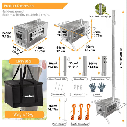 Heavy-Duty Portable Stainless Steel Wood Burning Tent Stove with 7 Chimney Pipes for Outdoor Camping & Heating