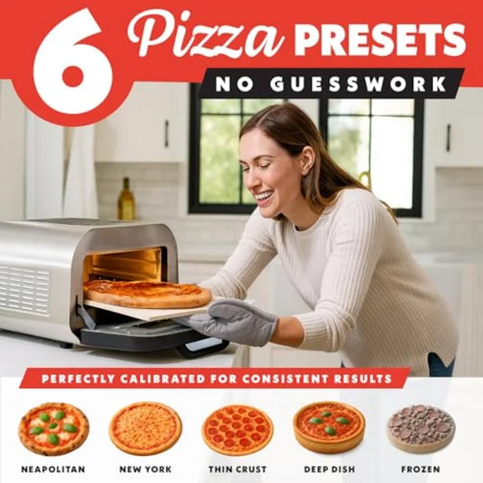 Indoor Pizza Oven Air Fryer Toaster 1800W Countertop Multi-Cooker with Pizza Stone, Digital Controls and 6 Presets, Stainless S