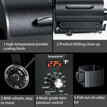 Portable Wood Pellet Grill & Smoker with Folding Legs, 456 Sq. In. Cooking Area, 18 lb. Hopper & Temperature Control (180–425°F)