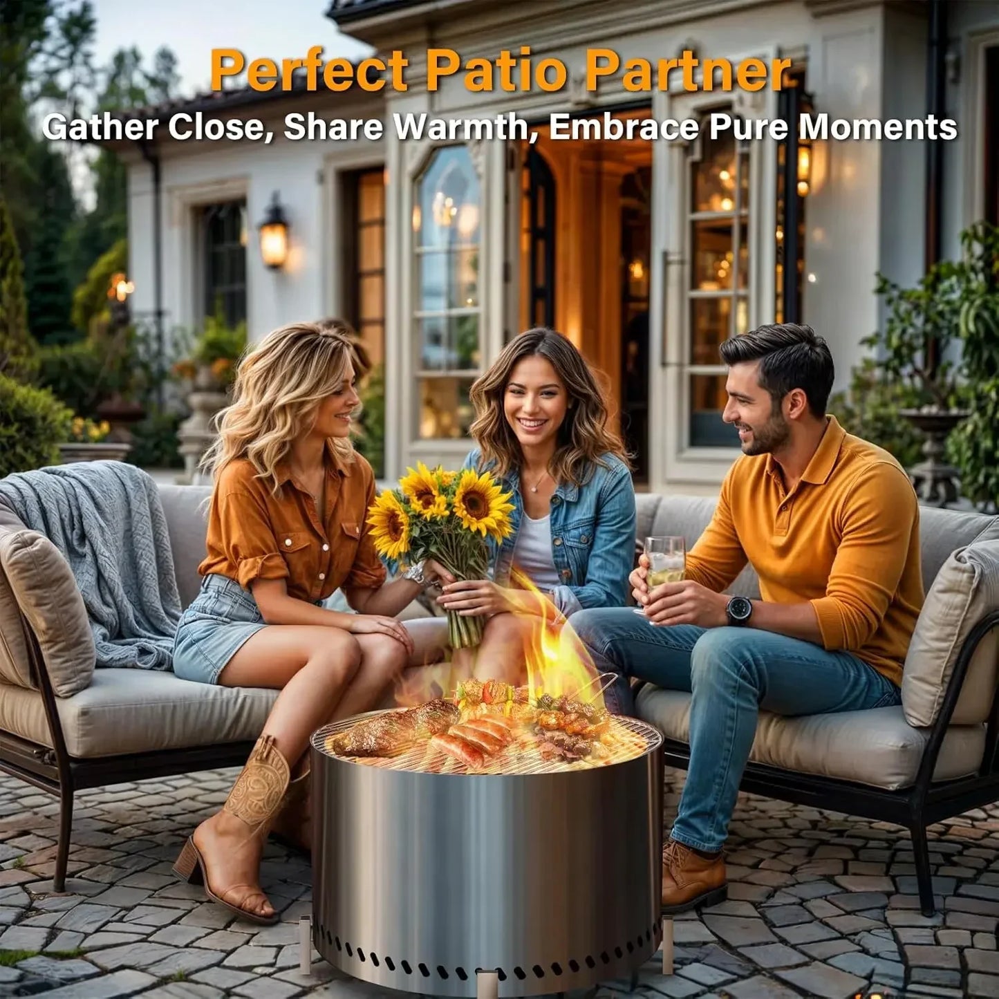 27.5" Smokeless Firepit with Stand & Grill Rack, Large Stainless Steel Wood Burning Fire Pit for Friends & Family Gatherings
