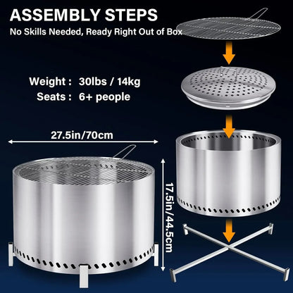 27.5" Smokeless Firepit with Stand & Grill Rack, Large Stainless Steel Wood Burning Fire Pit for Friends & Family Gatherings
