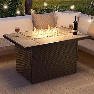 43" Outdoor Propane Fire Pit Table – 50,000 BTU Rectangular Wicker Design with Lid & Cover.