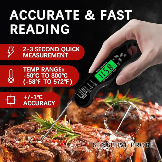 Meat Thermometer Digital，IP67 Waterproof Cooking Thermometer with Backlight, Calibration & Hold Function，Food Thermometer for Co