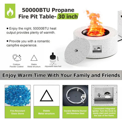 30" Round Propane Fire Pit Table - 50K BTU with Lid, Rocks Tank Storage and Cover - Round Gas Fire Pits for Outside Customized