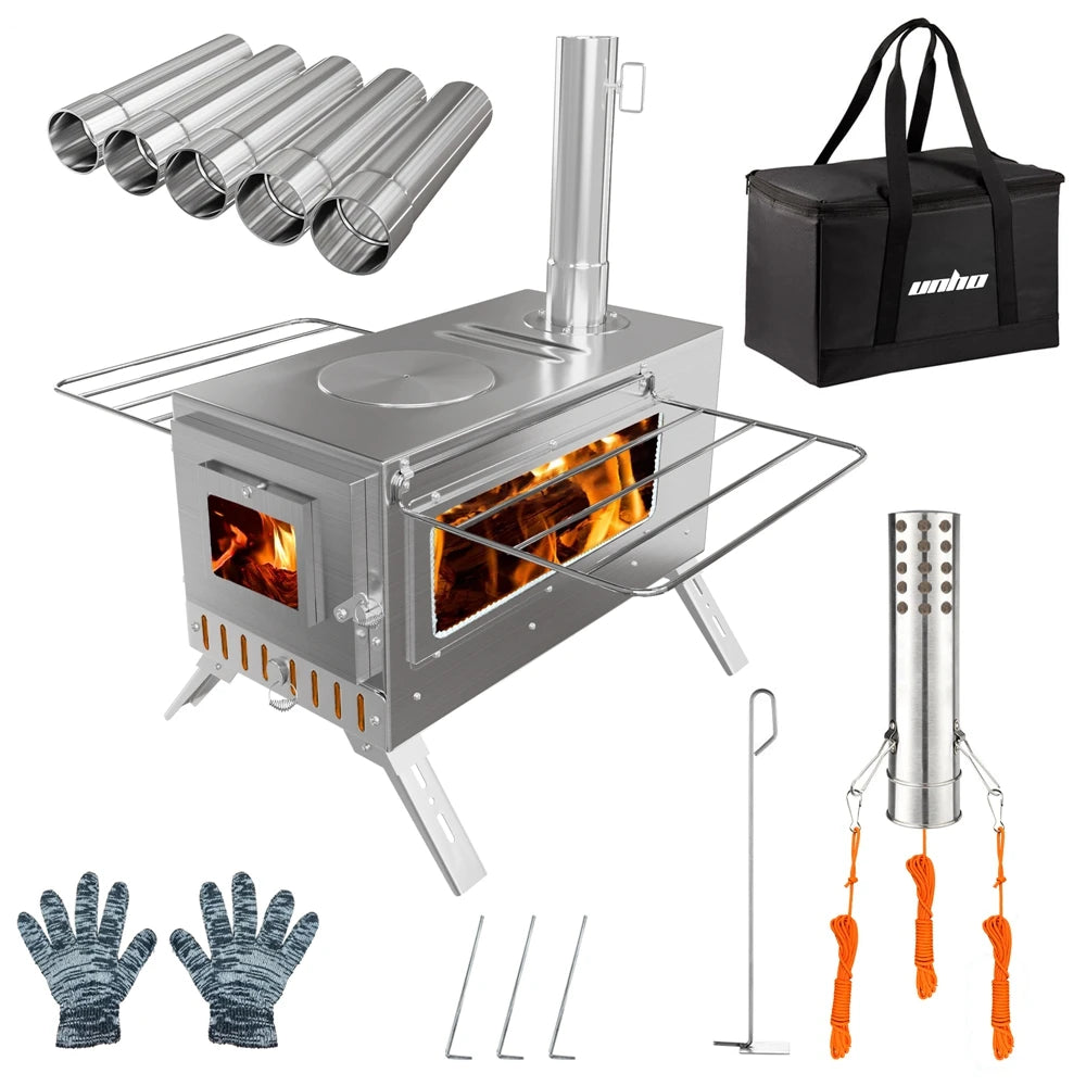 Portable Wood Burning Stove – Stainless Steel Outdoor Cooking Heater with 7 Chimney Pipes