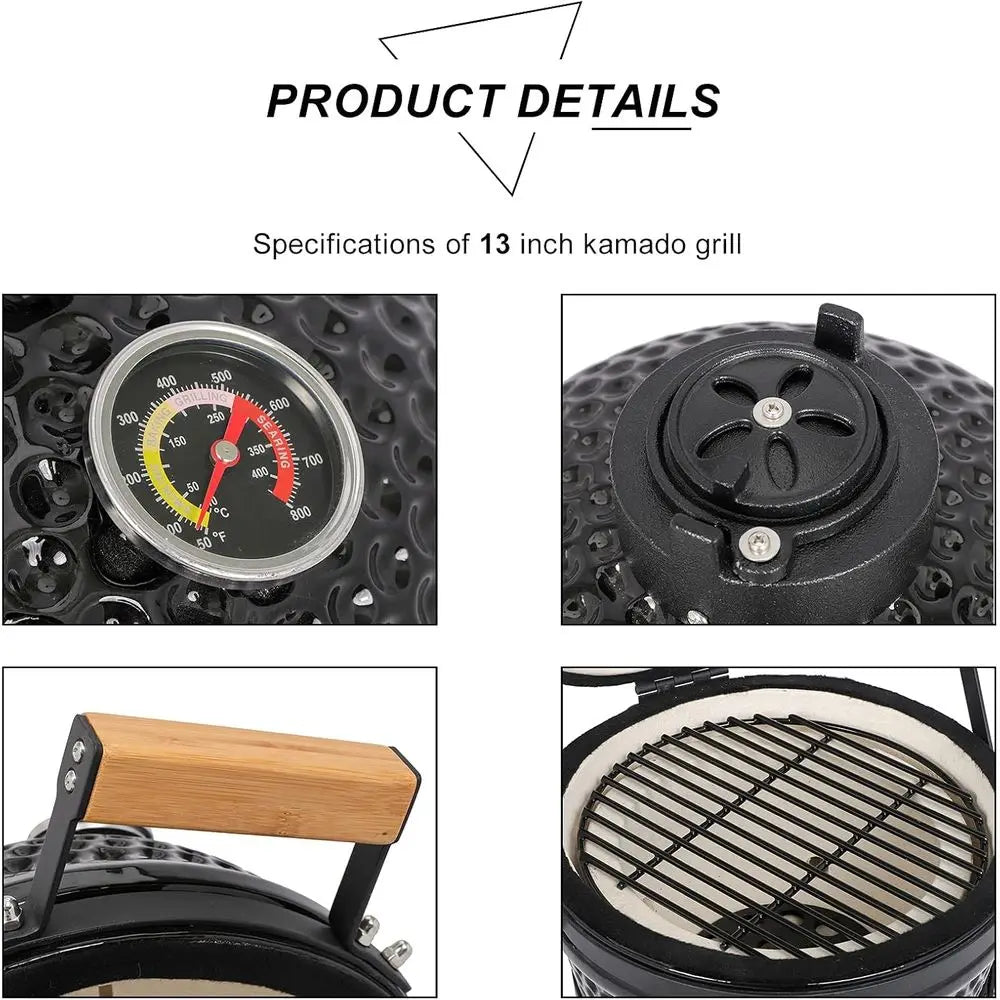13" Portable Ceramic Charcoal Grill & Smoker