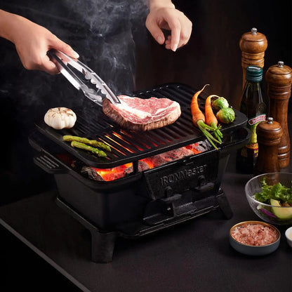 Portable Charcoal Grill, Pre-Seasoned Cast Iron, Japanese Yakitori Camping Grill - 2 Heights, Air Control
