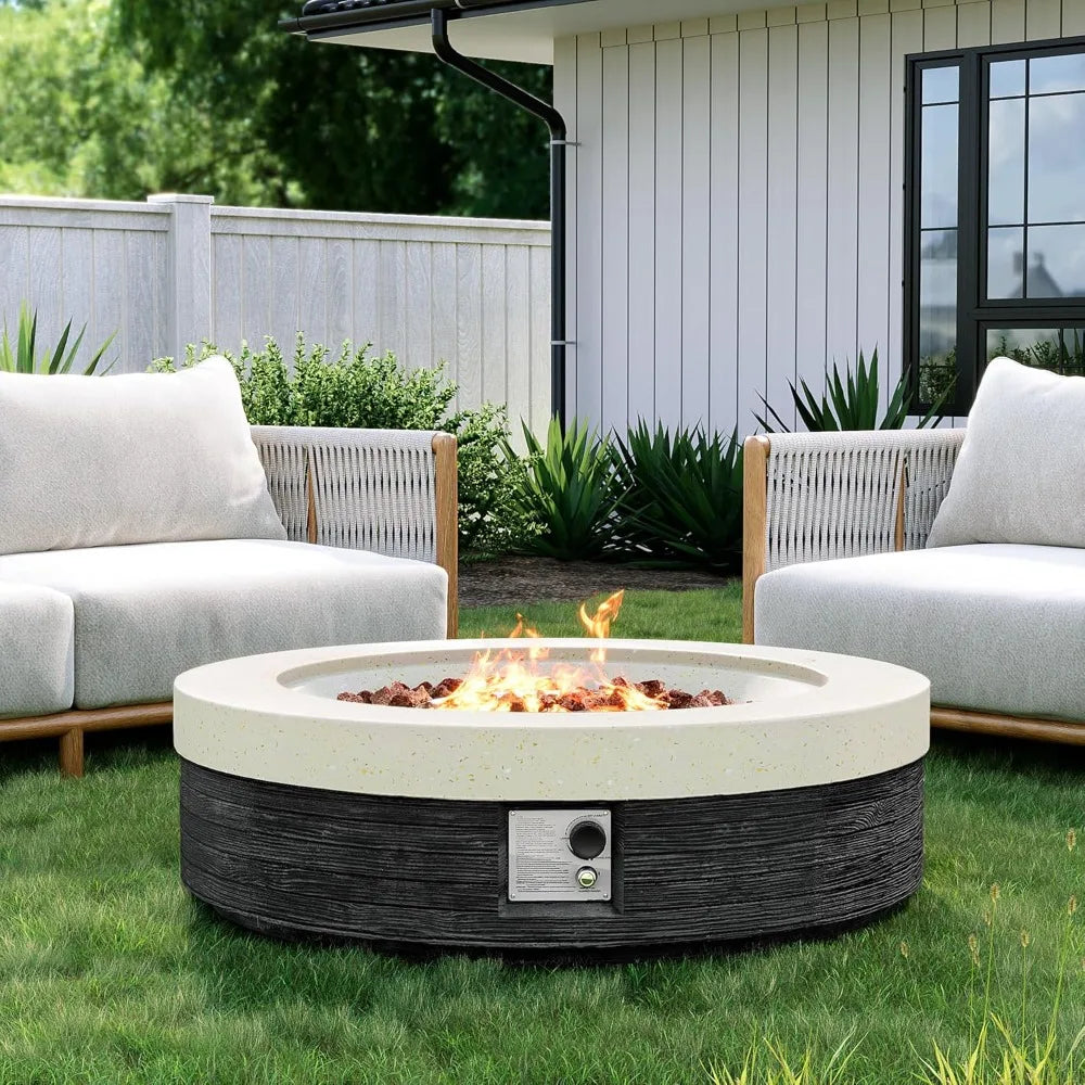 41" Round Propane Fire Pit Table, Black & White Magnesium Oxide Design, 50000 BTU, Heat, CSA Certified, Includes Lava Rocks