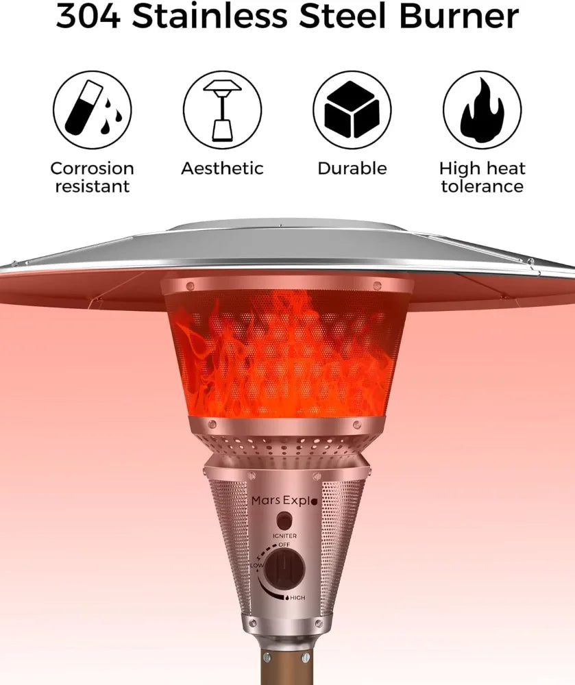 50,000 BTU Outdoor Propane Patio Heater with Adjustable Heat Focus, Wheels & Tabletop - Stainless Steel Burner for Deck, Garden