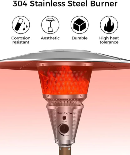 50,000 BTU Outdoor Propane Patio Heater with Adjustable Heat Focus, Wheels & Tabletop - Stainless Steel Burner for Deck, Garden