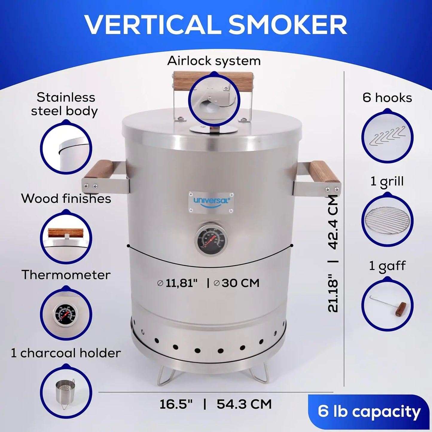 6 lb Stainless Steel Charcoal Barrel Smoker – 2-in-1 Slow Cooker with Thermometer and Airlock, Silver