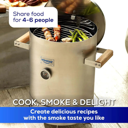6 lb Stainless Steel Charcoal Barrel Smoker – 2-in-1 Slow Cooker with Thermometer and Airlock, Silver