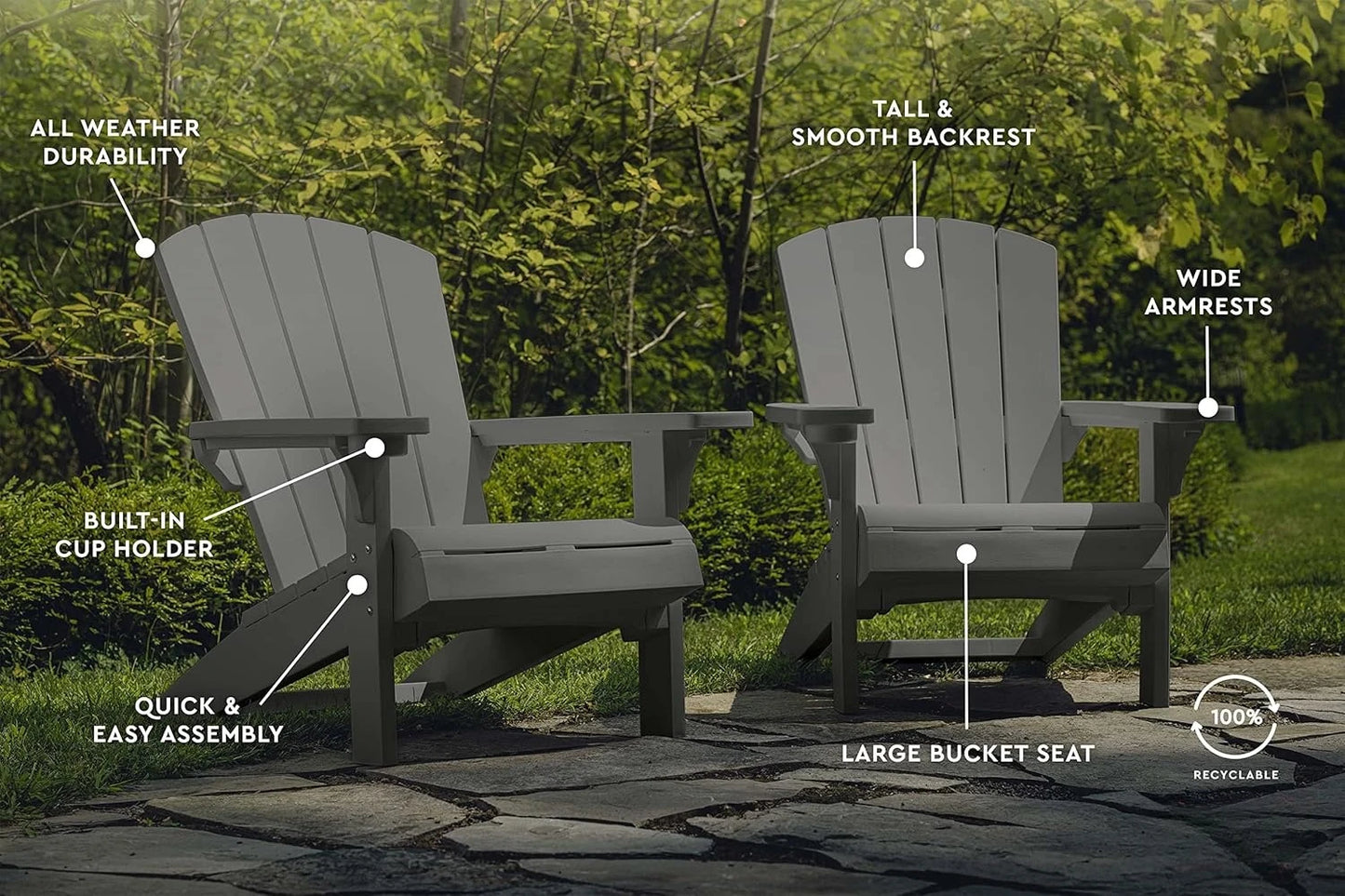 Alpine Adirondack Resin Patio Chairs, 2-Pack, Outdoor Furniture with Cup Holder, Ideal for Beach, Pool & Fire Pit