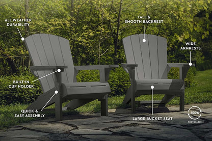 Alpine Adirondack Resin Patio Chairs, 2-Pack, Outdoor Furniture with Cup Holder, Ideal for Beach, Pool & Fire Pit