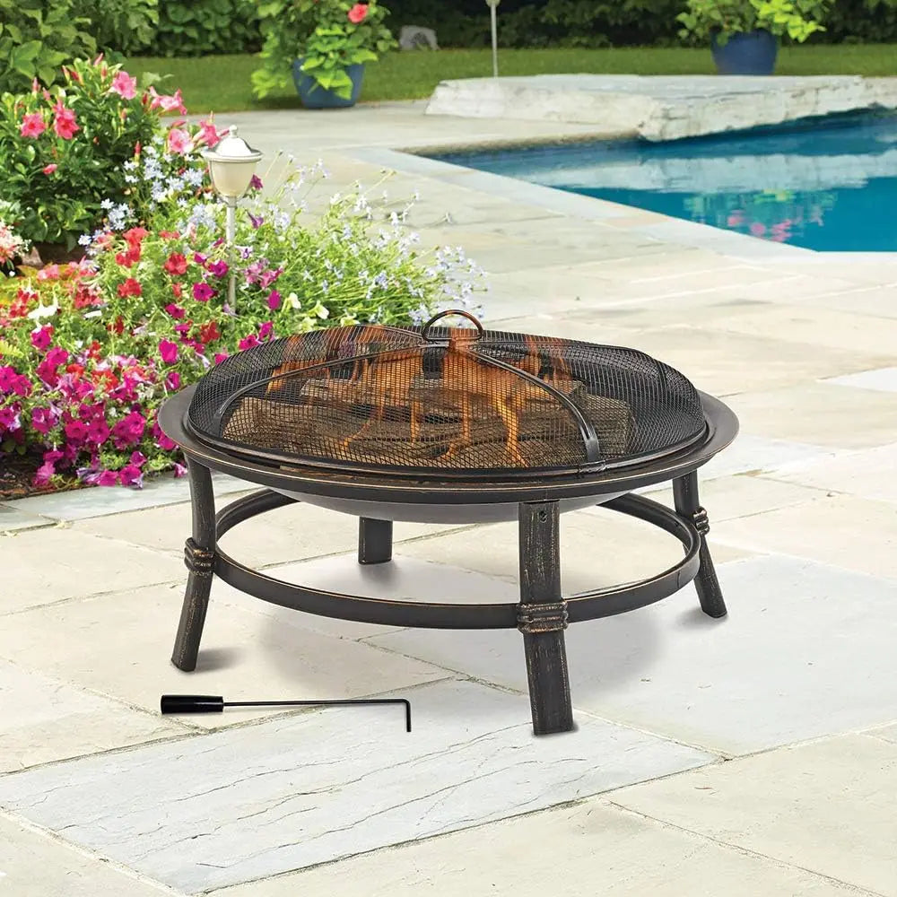 Outdoor Wood Burning Patio Heater with Spark Guard and Log Grate, 29.3 Inch Diameter, Outdoor Fire Pit
