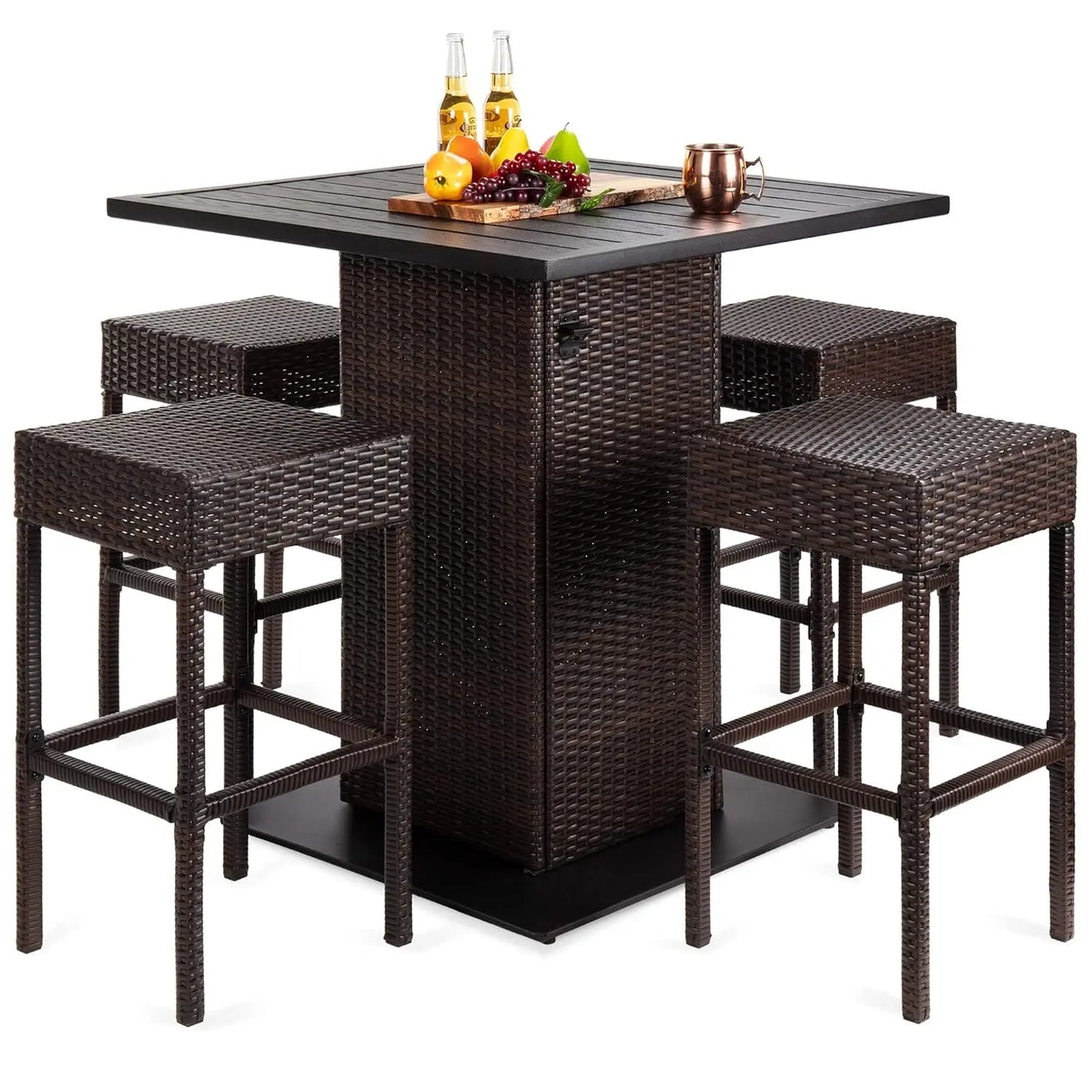 5-Piece Outdoor Rattan Bar Table & Chair Set – Built-In Bottle Opener & Hidden Storage Rack