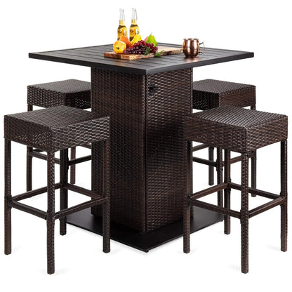 5-Piece Outdoor Rattan Bar Table & Chair Set – Built-In Bottle Opener & Hidden Storage Rack