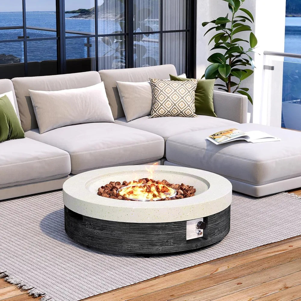 41" Round Propane Fire Pit Table, Black & White Magnesium Oxide Design, 50000 BTU, Heat, CSA Certified, Includes Lava Rocks